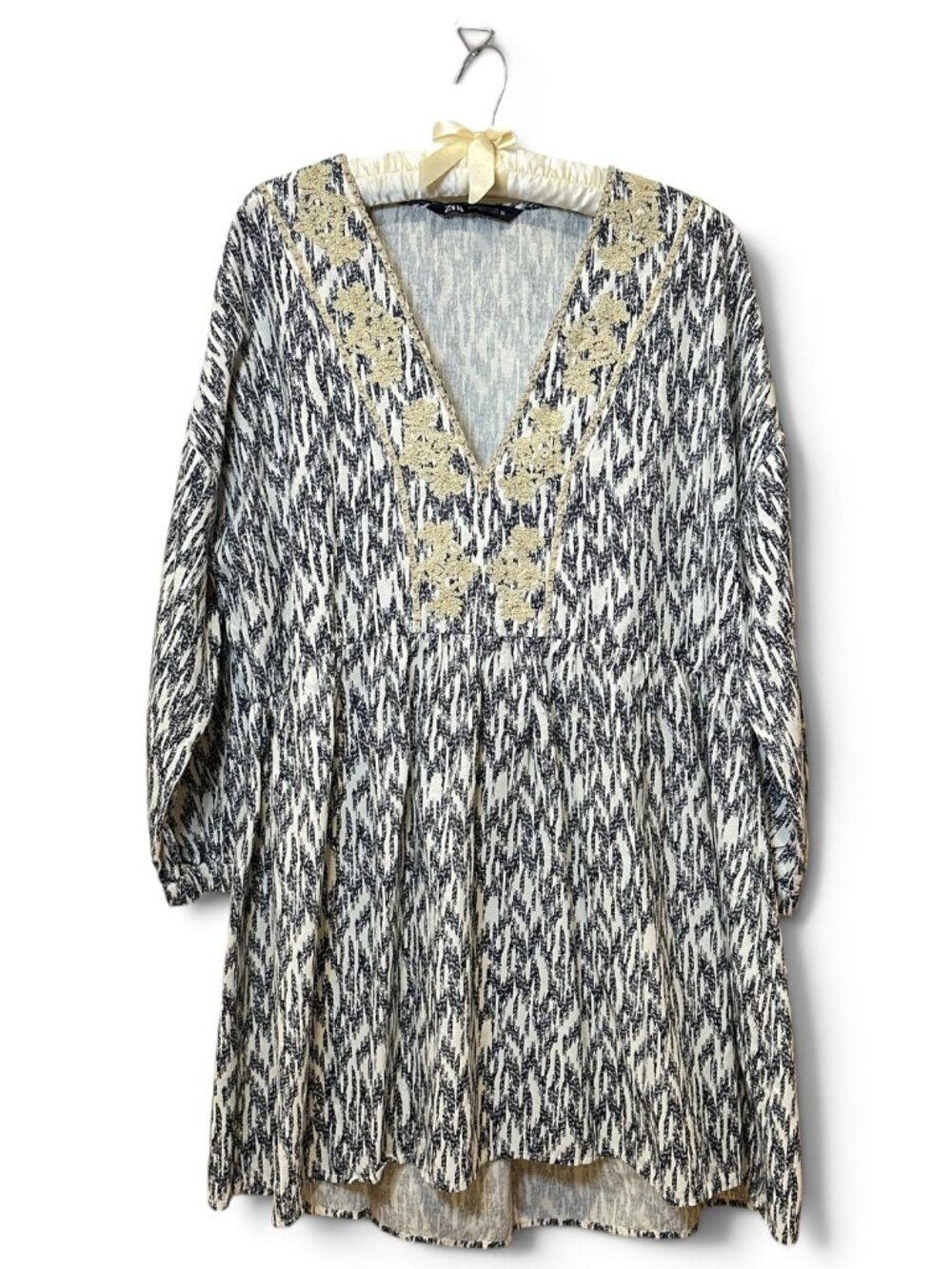 Zara Black & Cream Tunic Dress Size XL Babydoll Fit & Flare 3/4 Sleeve